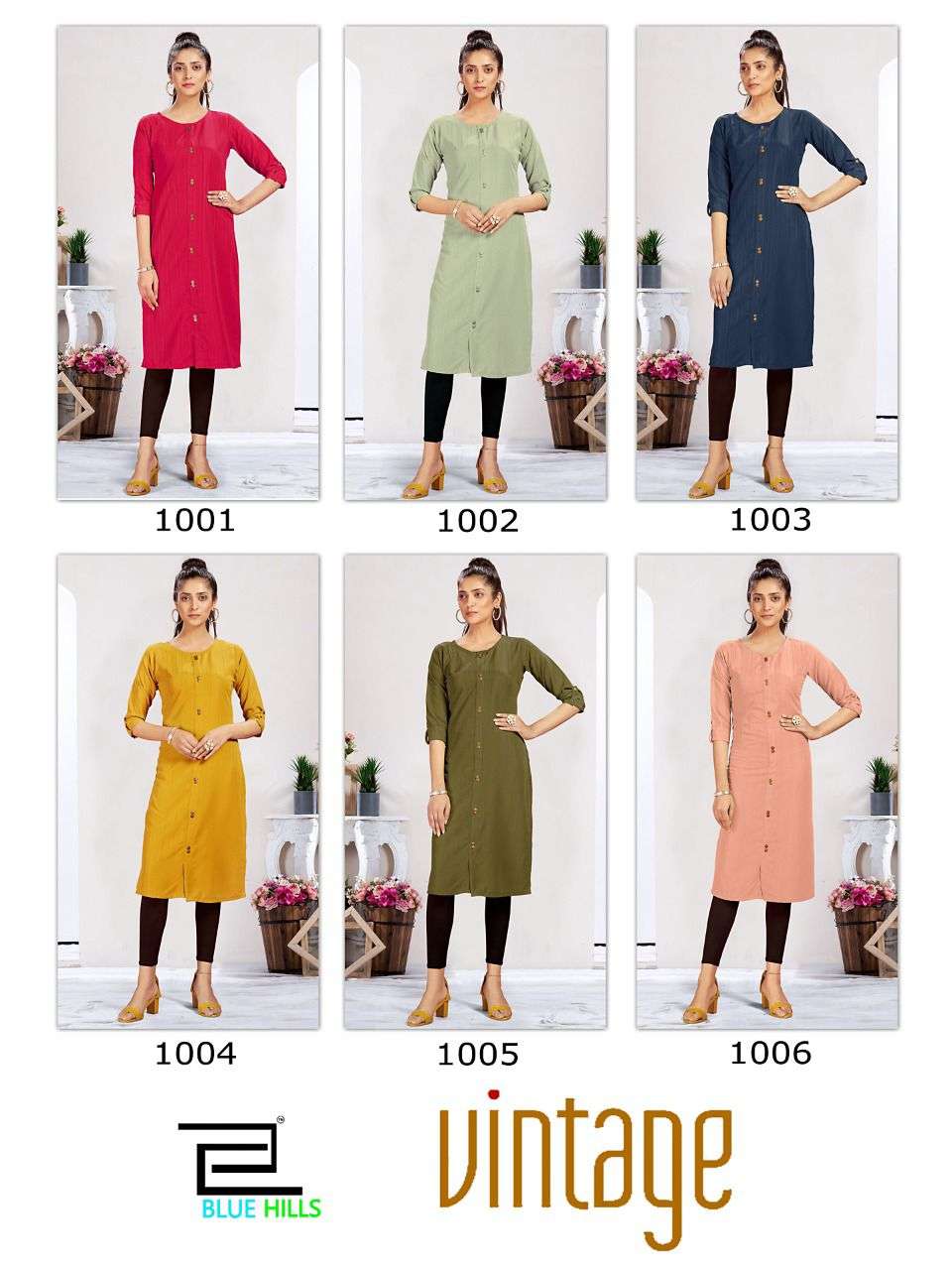 BLUE HILLS - VINTAGE - DOBBY PATTERN FABRIC SIDE CUT KURTI WITH BUTTON - INDEX